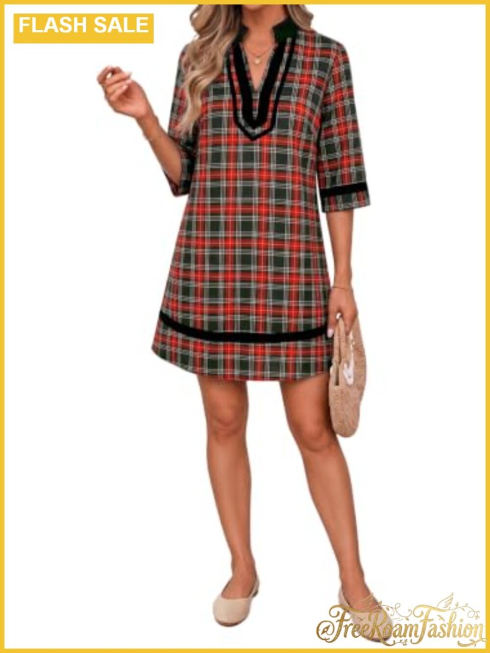 V Neck Mini Shift Dress 3/4 Sleeve A-Line Casual with Pockets